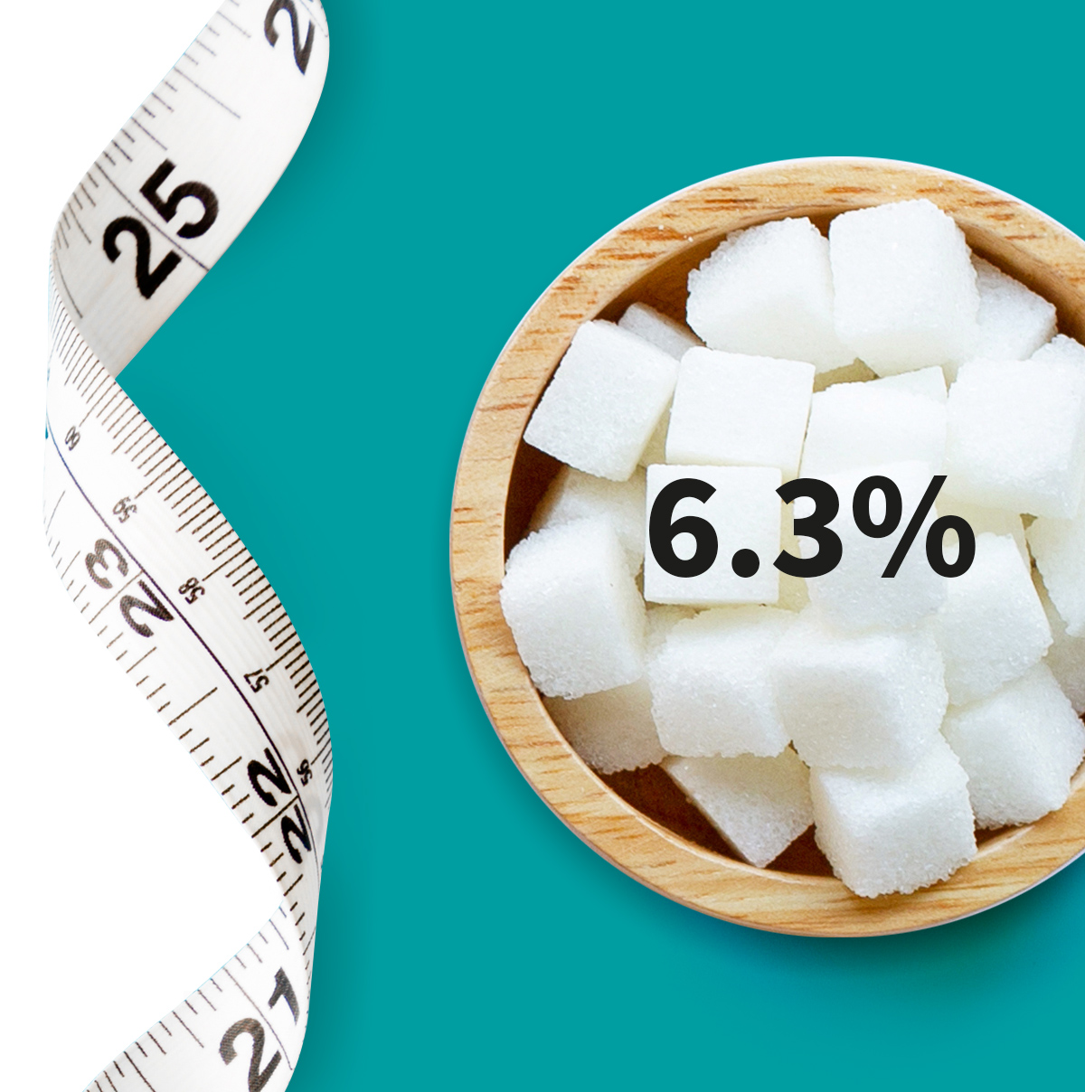 [.ES-pt Spain (portuguese)] •	A measuring tape and a bowl full of sugar cubes shown as a metaphor for diabetes